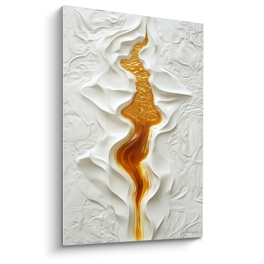 Tableau coulée dorée ondulante sur relief blanc texturé - Fusion fluide - Edition Marbre abstrait