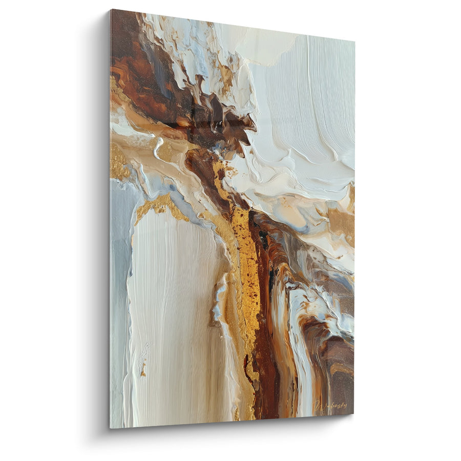 Tableau coulées fluides ocre doré et blanc nacré - Fusion Minérale - Edition Marbre abstrait