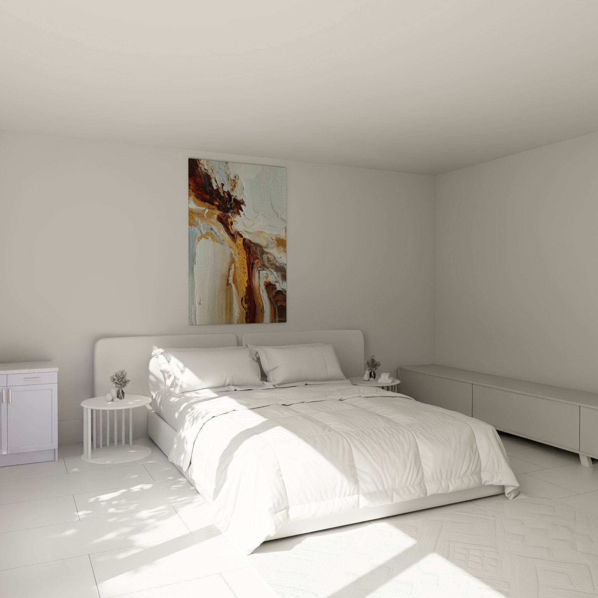 Tableau marbre abstrait tons dorés dans chambre moderne décoration murale élégante au-dessus du lit