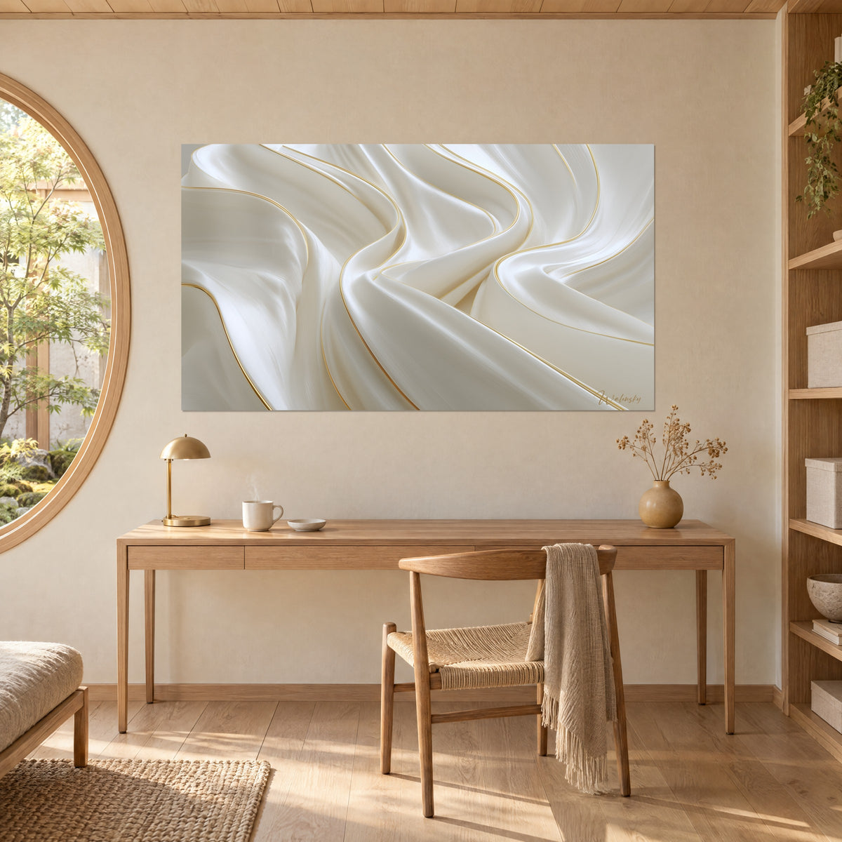 Schilderij fluwelen ivoorwitte bogen met gouden lijnen, boven een bureau van licht eiken, rond raam met uitzicht op een groene tuin
