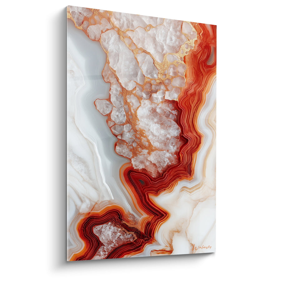 Tableau formations cristallines aux veines orange et rouge sur fond blanc nacré - Fusion Minérale - Edition Marbre abstrait