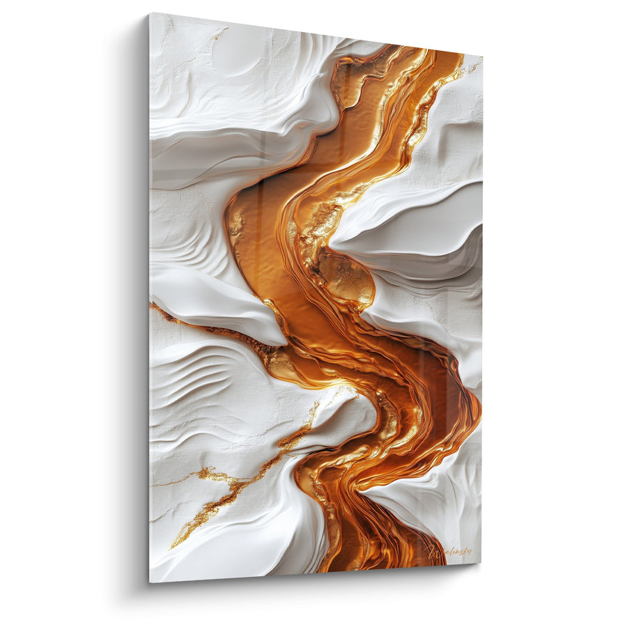 Tableau Fluides Cuivrés et Blancs aux Formes Ondulantes - Fusion Minérale - Edition Marbre abstrait
