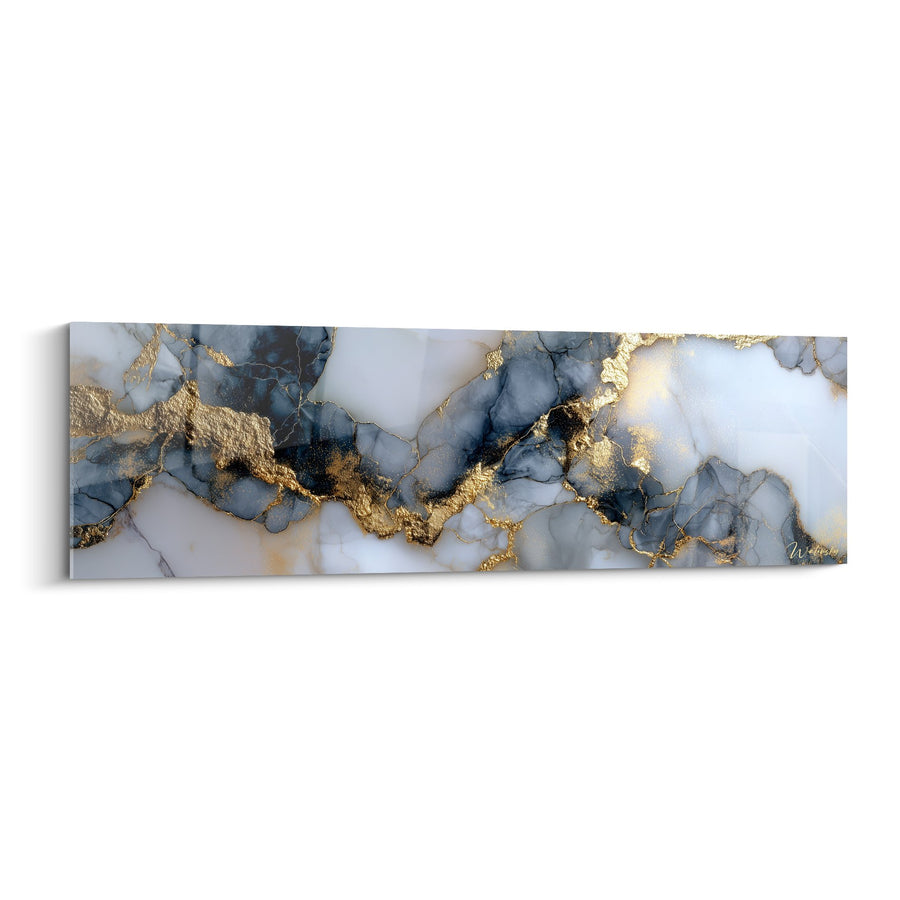 Tableau mural panoramique aux veines dorées et nuances bleu-gris - Élégance minérale - Edition Marbre abstrait