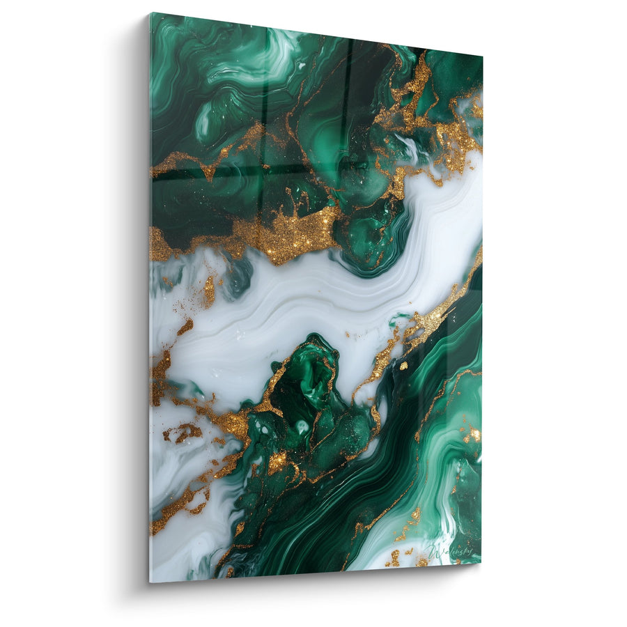 Tableau tourbillons émeraude et blanc aux veines dorées - Fluide Précieux - Edition Marbre abstrait