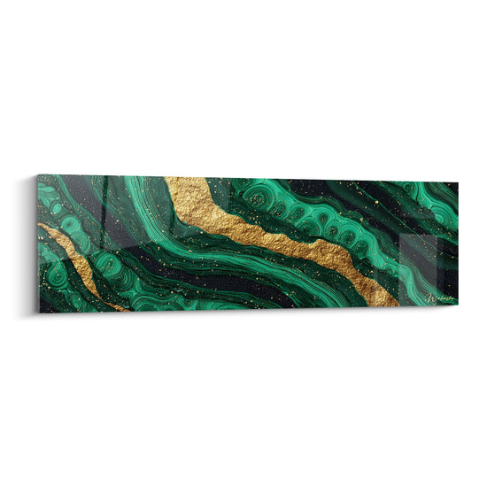 Panoramische smaragd- en goudstroomschilderij - Luxe golfbewegingen - Abstracte marmereditie