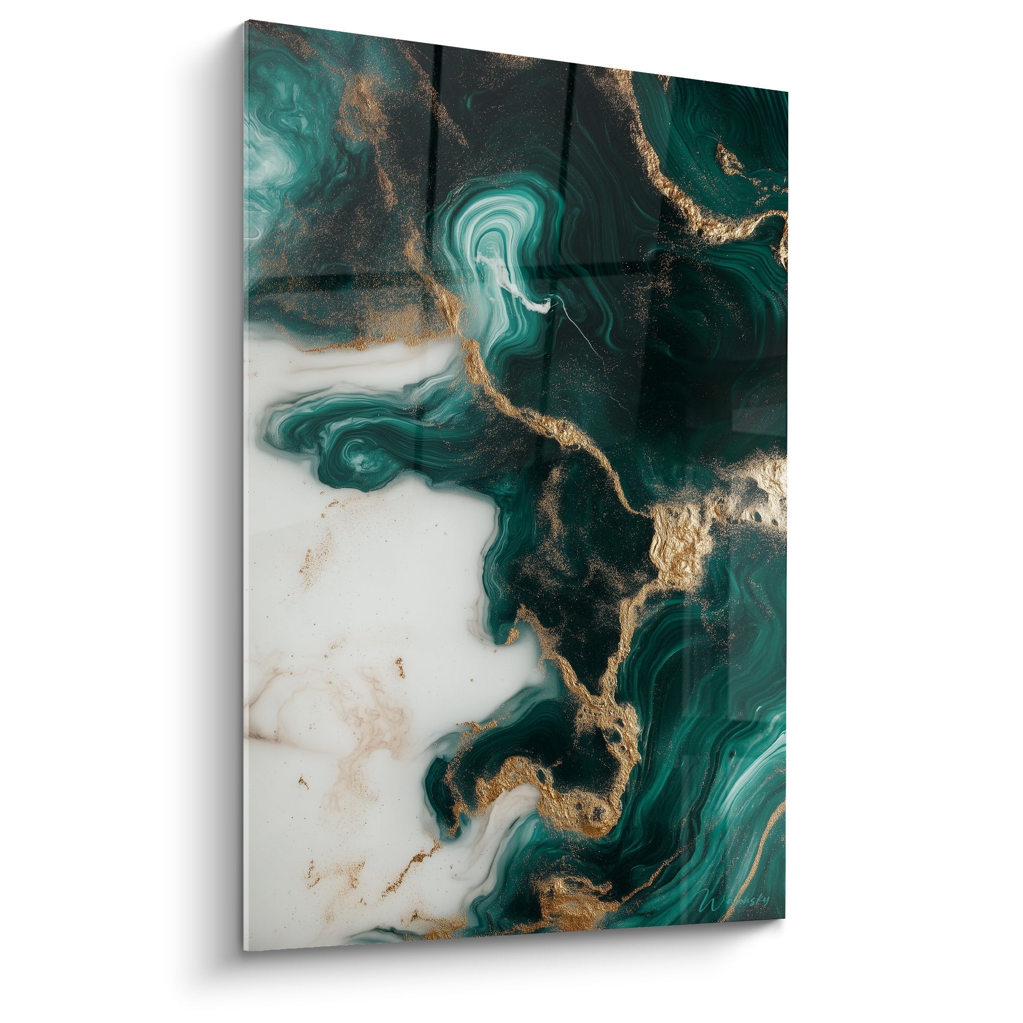 tableau mural marbre abstrait tourbillons emeraude veines dorees fluides luxueux art contemporain decoration