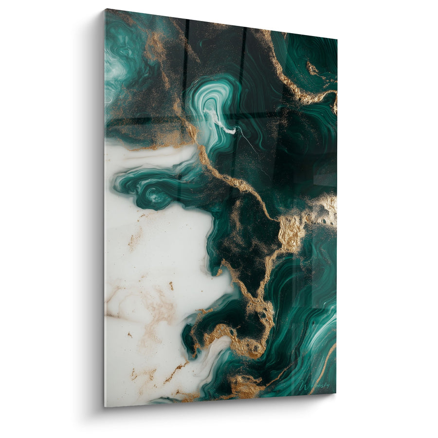 Tableau tourbillons émeraude et or avec veines dorées fluides - Luxueux Écoulement - Edition Marbre abstrait