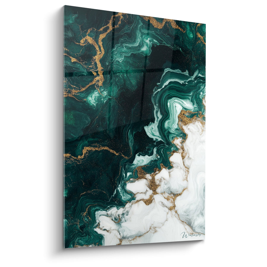 Tableau Tourbillons émeraude et dorés sur fond noir - Luxe Minéral - Edition Marbre abstrait