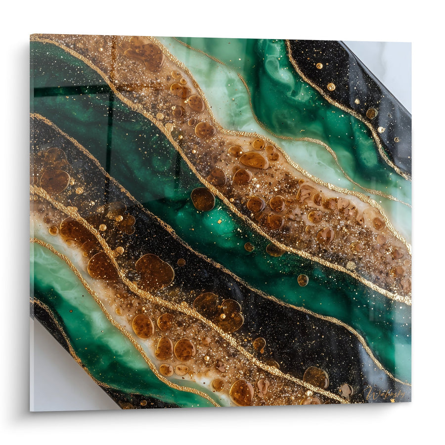 Tableau marbré émeraude et doré aux motifs fluides géologiques - Luxe Minéral - Edition Marbre abstrait
