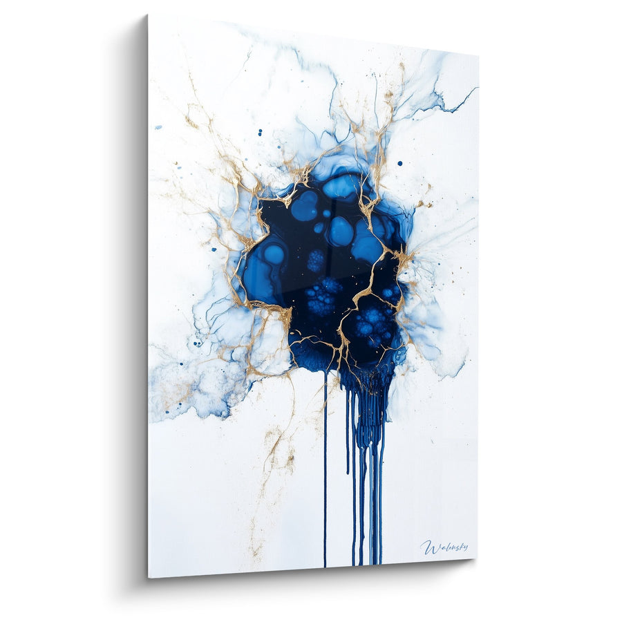 Tableau explosion bleue et dorée avec coulures verticales - Fusion céleste - Edition Marbre abstrait