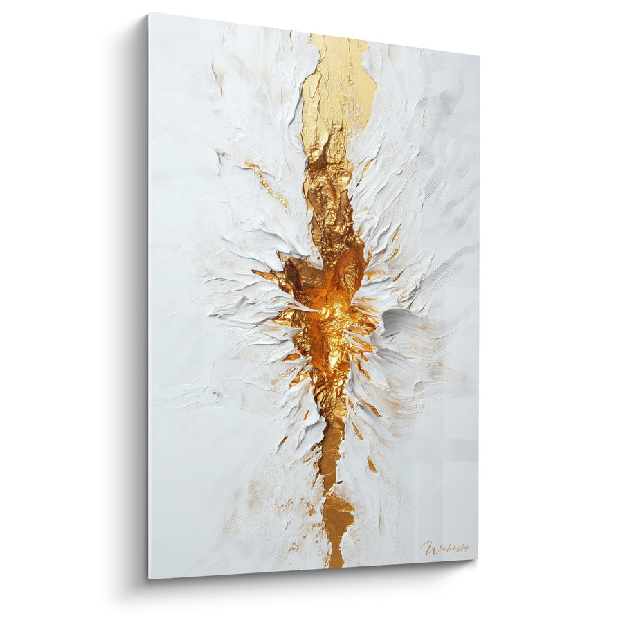 Tableau explosion dorée verticale sur fond blanc texturé - Éclat lumineux - Edition Marbre abstrait
