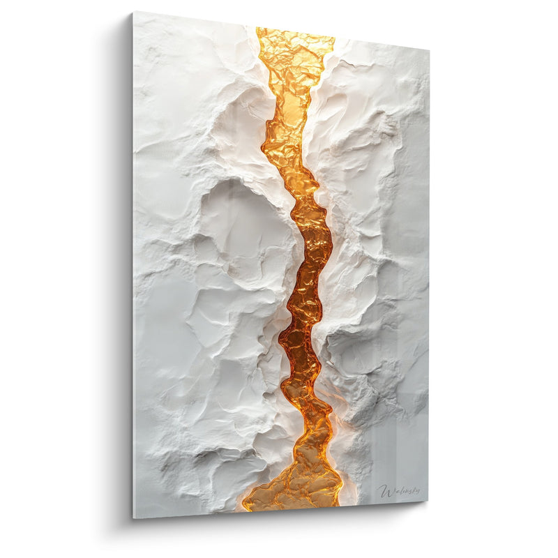 Tableau faille dorée serpentine sur relief blanc - Fracture lumineuse - Edition Marbre abstrait