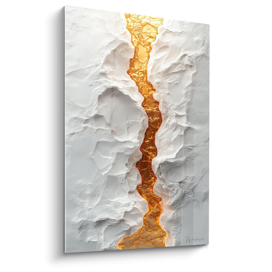 Tableau faille dorée serpentine sur relief blanc - Fracture lumineuse - Edition Marbre abstrait