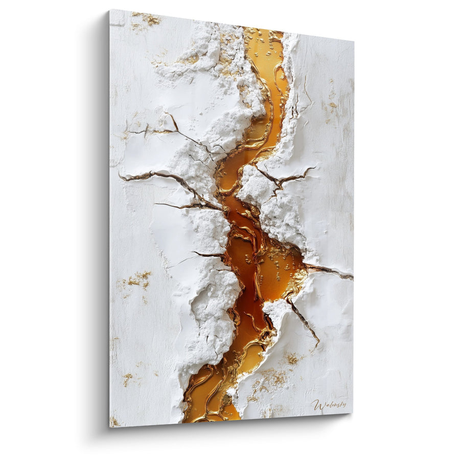 Tableau fissure dorée et blanche avec matières texturées - Rupture précieuse - Edition Marbre abstrait
