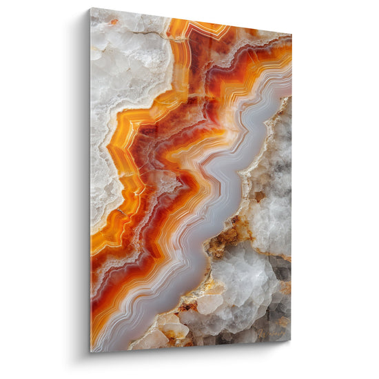 Tableau marbre abstrait orange et blanc aux veines ondulées flammes cristaux translucides