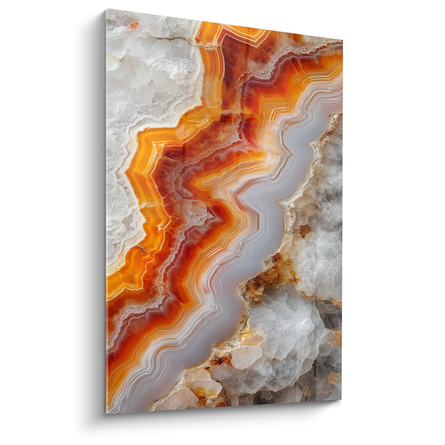 Tableau flammes orange et blanc cristallin aux veines ondulées - Éclat de feu - Edition Marbre abstrait