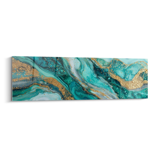 Schilderij turkooizen en gouden golven met marmeringseffecten - Kostbare Oceaan - Abstracte marmereditie