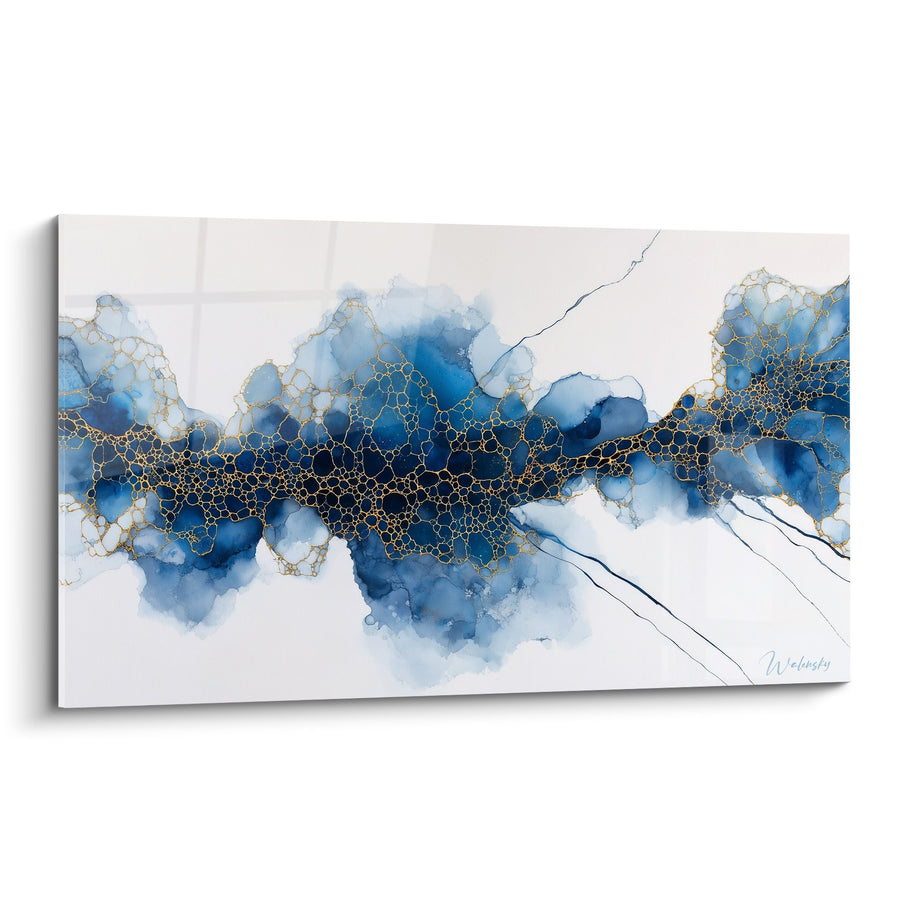 Tableau mit blauen und goldenen Flüssigkeiten und zellulärer Textur - Ozeanische Harmonie - Edition Abstraktes Marmor