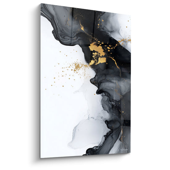 Tableau art abstrait fluides noirs gris blancs veines dorées style marbre moderne élégant