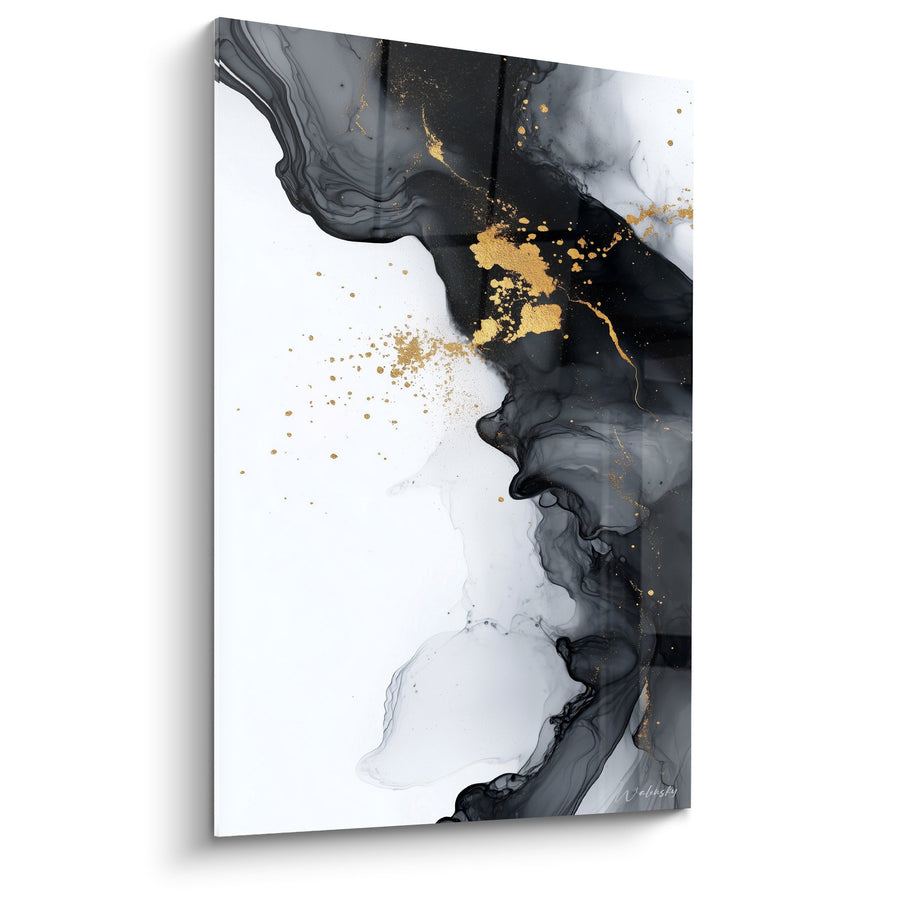 Tableau Fluides Noir Gris et Dorés Entremêlés - Fusion Élégante - Edition Marbre abstrait