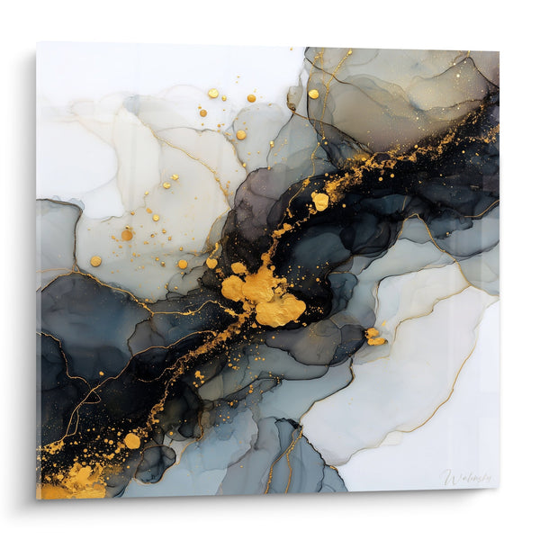Cuadro de fluidos nacarados dorados y negros con vetas doradas - Lujuria Mineral - Edición Mármol Abstracto