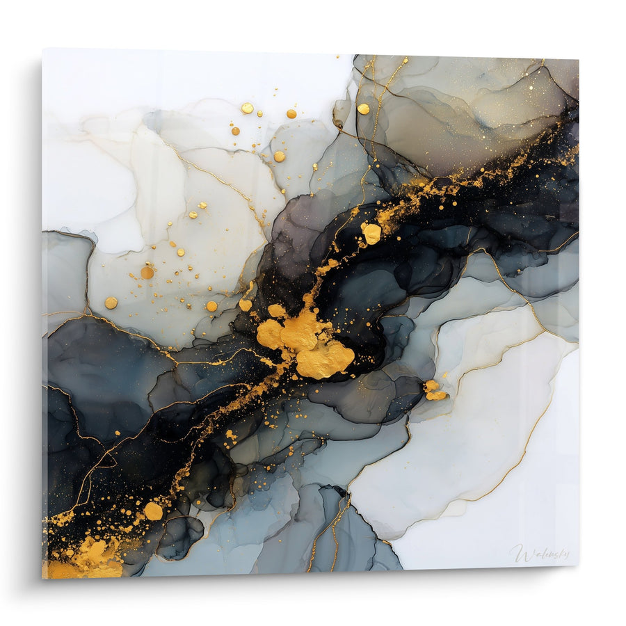 Tableau fluides nacrés or et noir avec veines dorées - Luxure Minérale - Edition Marbre abstrait