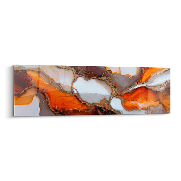 Cuadro de fluidos naranjas y blancos sobre fondo de cobre - Fusión Ardiente - Edición Mármol Abstracto