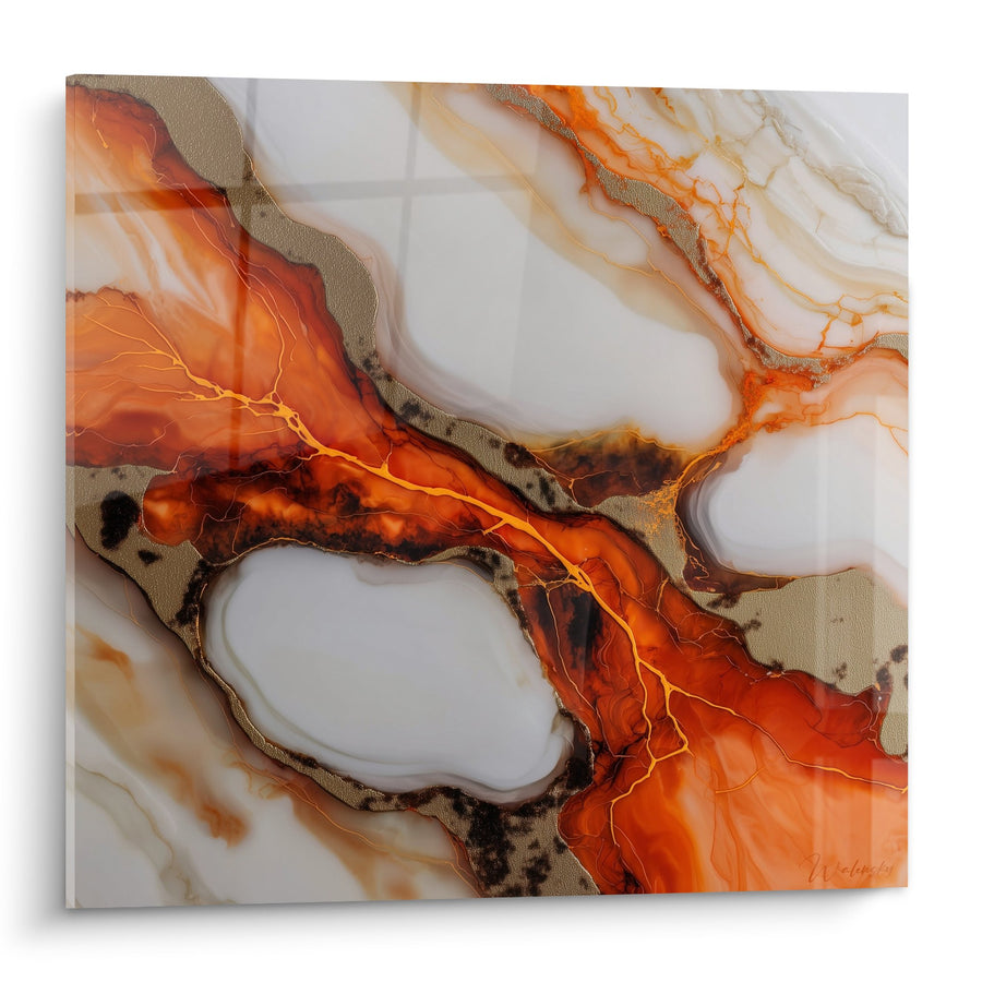 Tableau flux orange et blanc aux veines dorées - Flammes marbrées - Edition Marbre abstrait
