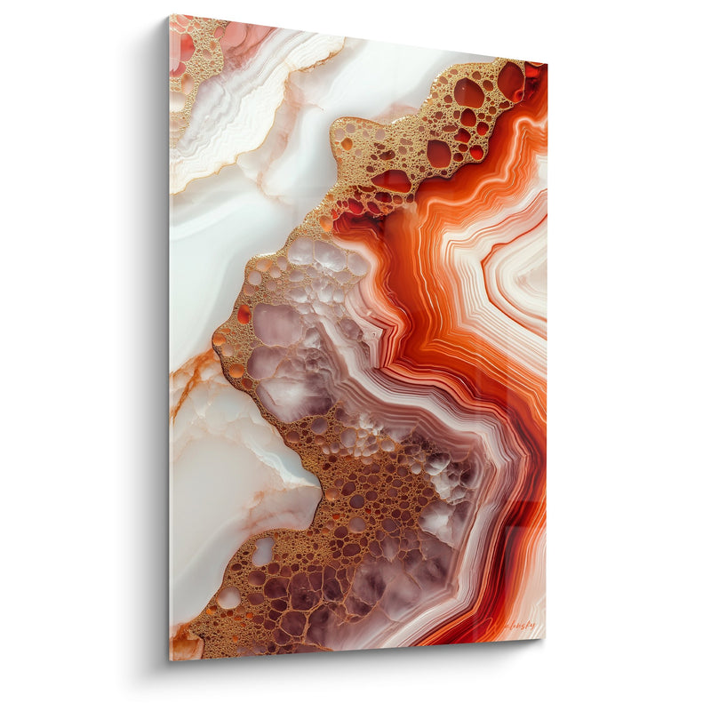 Tableau aux nuances dorées et orangées avec textures géodiques - Fusion Minérale - Edition Marbre abstrait