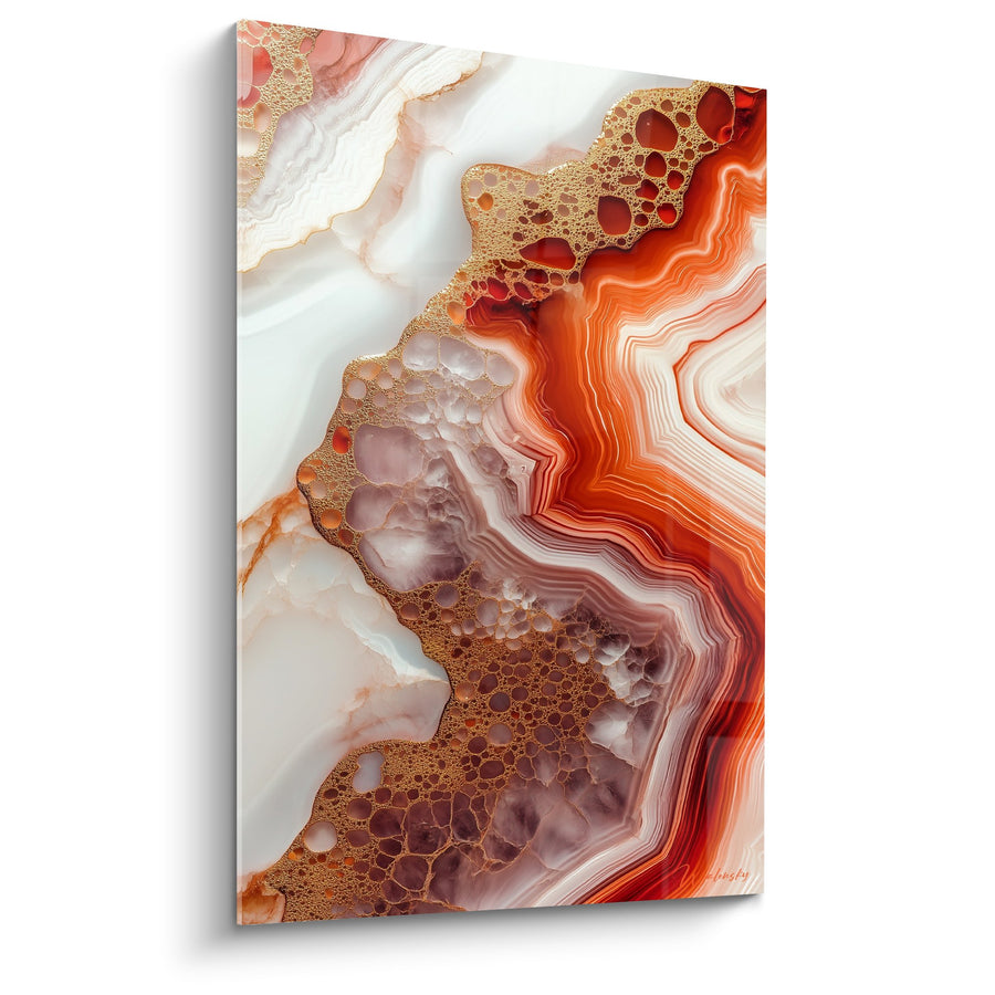 Tableau aux nuances dorées et orangées avec textures géodiques - Fusion Minérale - Edition Marbre abstrait