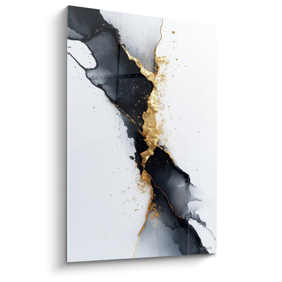 Tableau Fusion Dorée sur Fond Blanc et Noir - Élégance Minérale - Edition Marbre abstrait