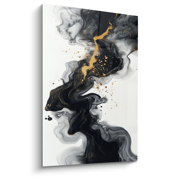 Cuadro de fluidos negros y blancos con toques dorados - Elegancia Contemporánea - Edición Mármol Abstracto