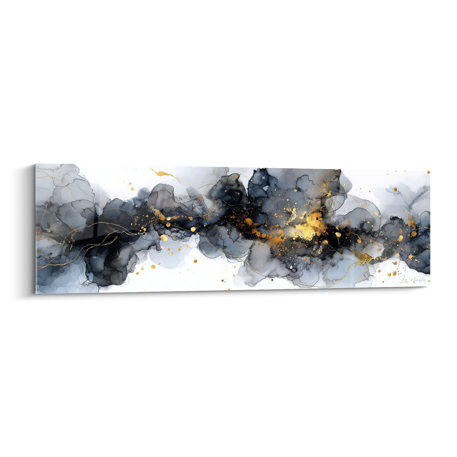 Gemälde schwarze und goldene Tinten-Wolken in fließender Bewegung - Goldener Sturm - Abstrakte Marmor-Edition