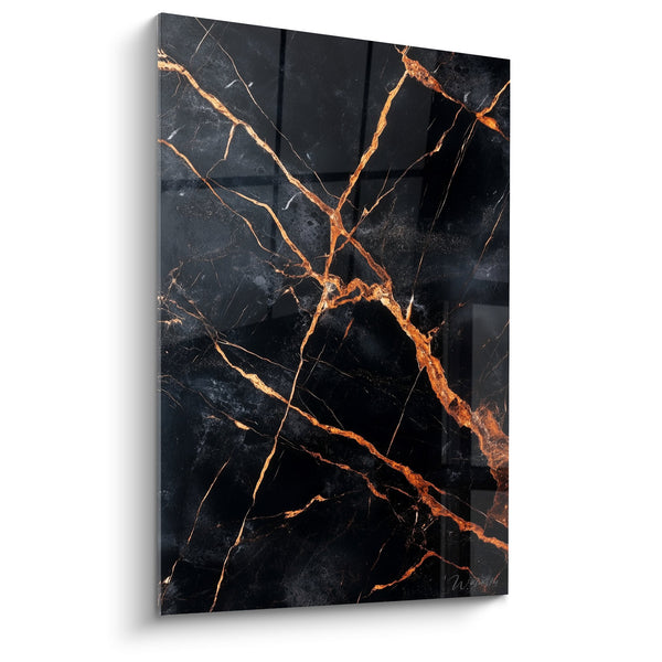 Zwart bord met gouden en oranje aderen - Gebroken elegantie - Abstract marmeren editie
