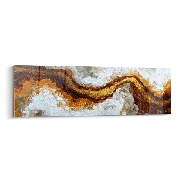 Wandpaneel gouden en witte golven op aardetint achtergrond - Minerale Fusie - Abstract Marmer Editie