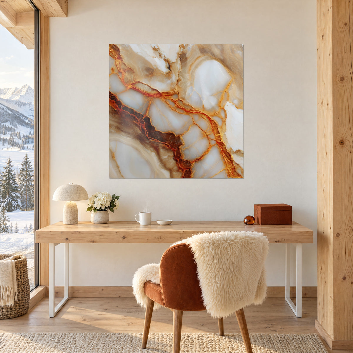 Wall art in polished stone with rust and light beige veins, hung above a wooden desk with a white lamp and a fur armchair