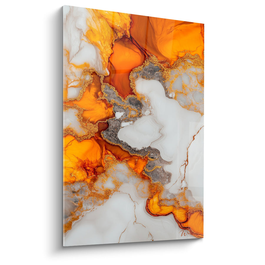 Tableau motifs fluides orange et blanc avec détails dorés - Fusion Volcanique - Edition Marbre abstrait