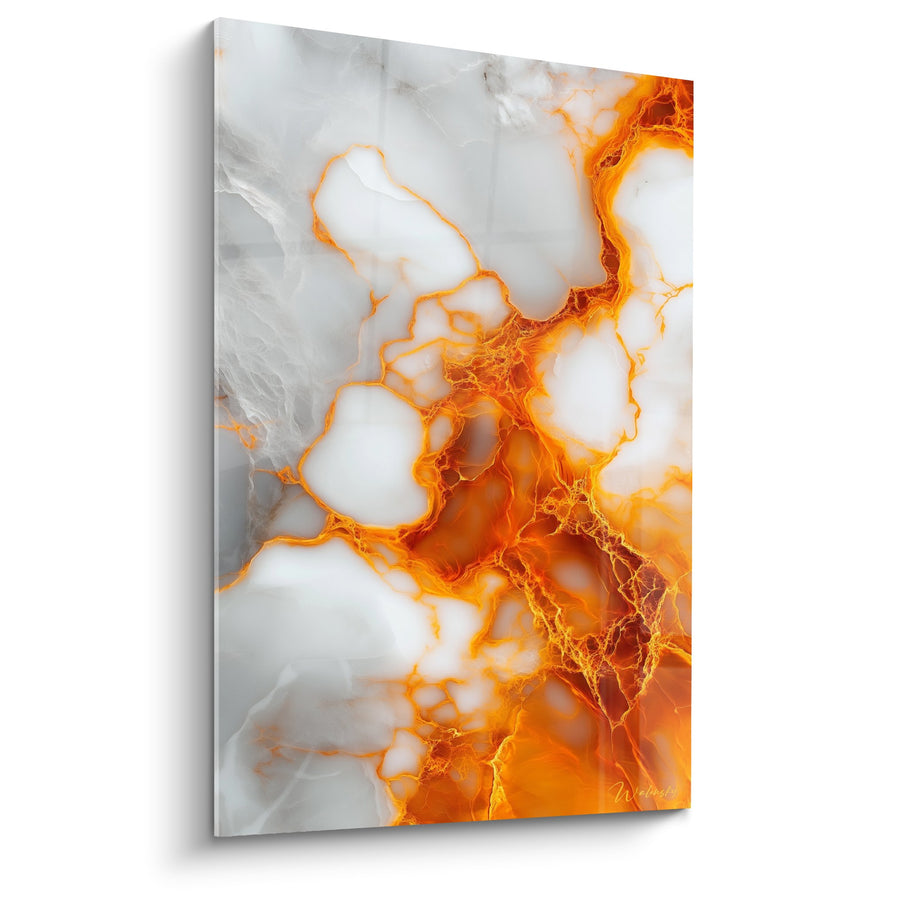 Tableau Veines Orange et Blanches sur Fond Gris - Fusion Enflammée - Edition Marbre abstrait