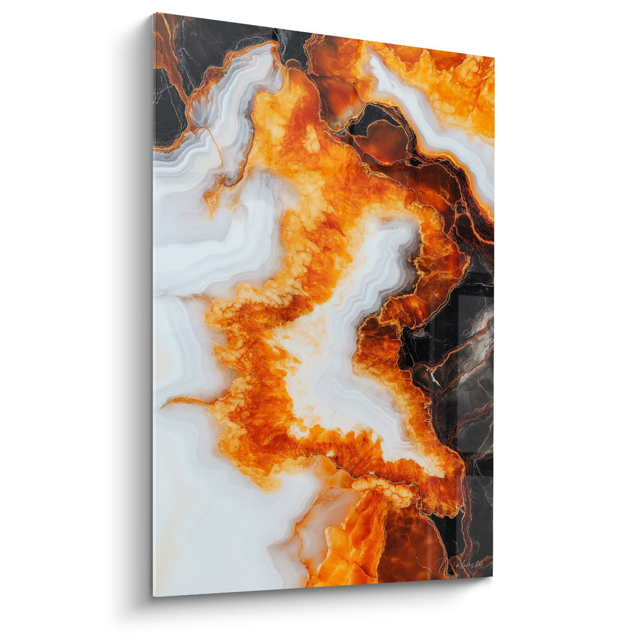 Tableau Tourbillons Orange et Blanc sur Fond Noir - Flammes Ardentes - Edition Marbre abstrait