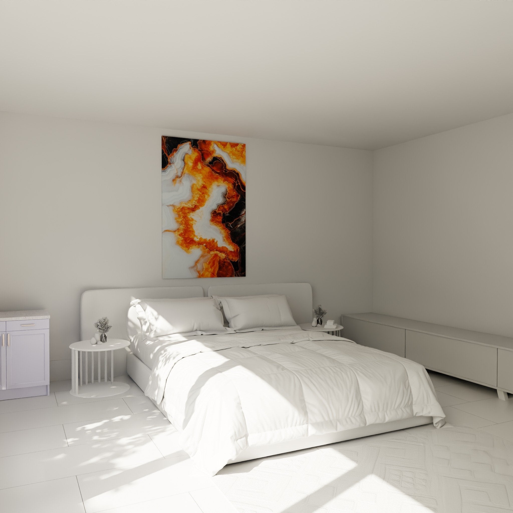 Tableau marbre abstrait orange accroché au-dessus lit chambre moderne decoration murale elegante