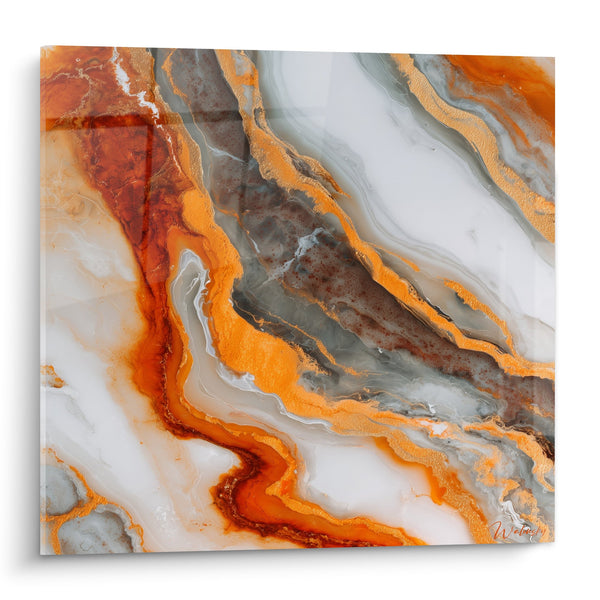 Tabel Fluïde Oranje en Grijs op parelmoerwit achtergrond - Mineraal Elegantie - Abstracte Marmer Editie