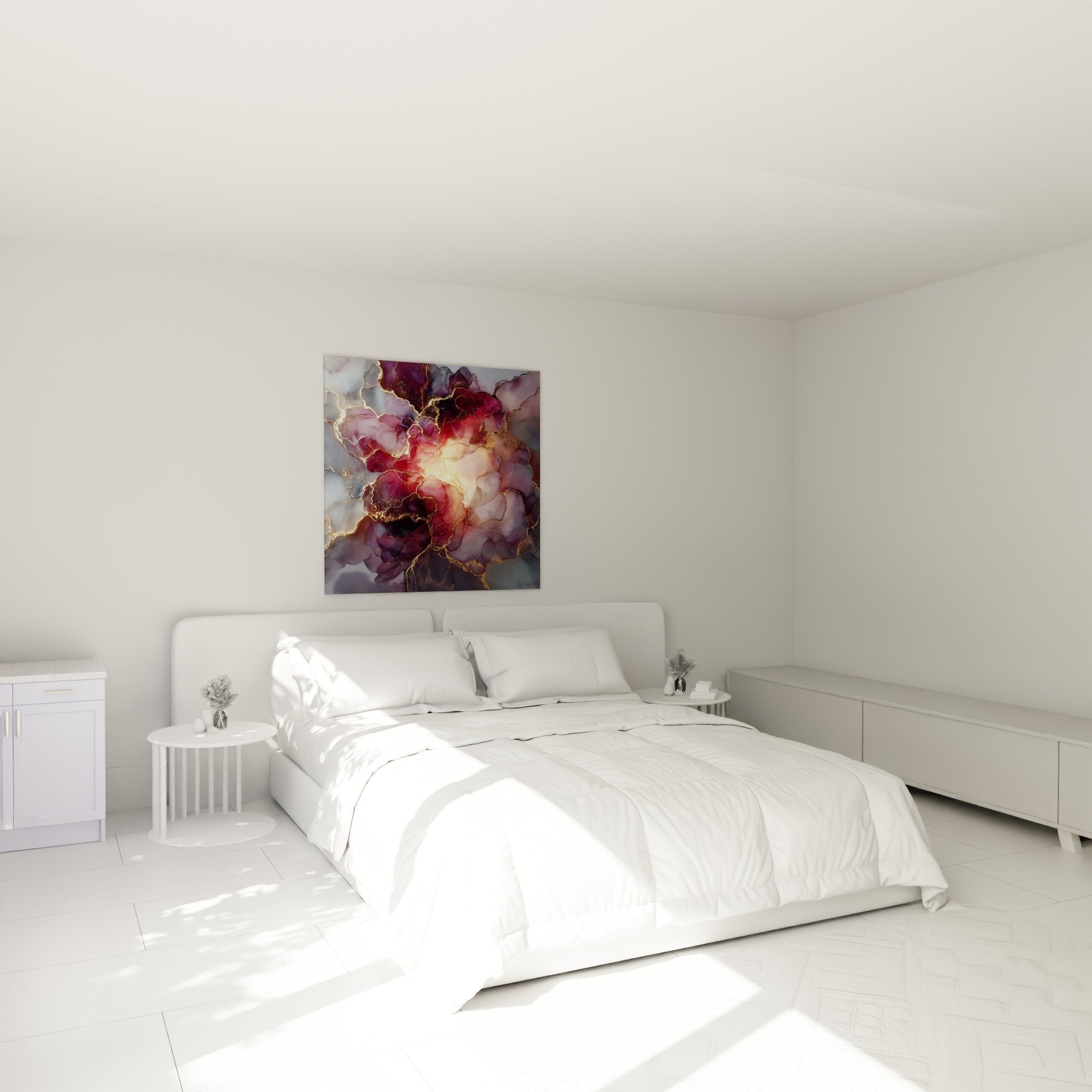 Tableau marbre abstrait pourpre dore dans chambre moderne decoration murale elegante ambiance feutree
