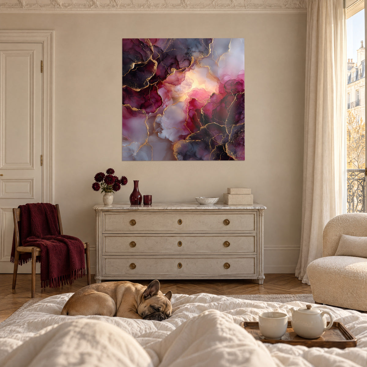 Schilderij vloeiende geode in pruim en roze, gouden strepen rond een crèmekleurige gloed, boven een bed in een lichte slaapkamer