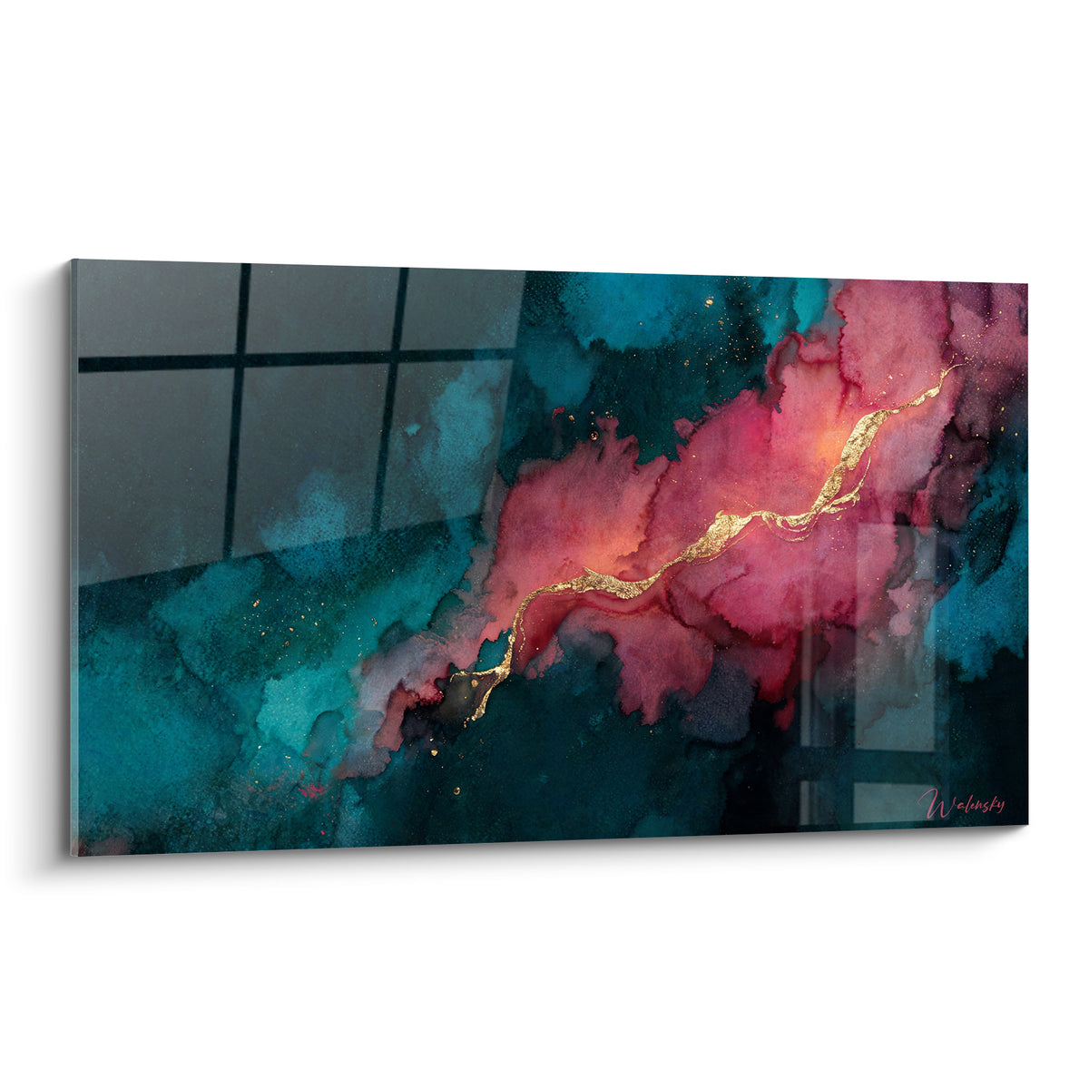 Tableau Marbre Abstrait rose corail et sarcelle profond traversé d'une veine dorée lumineuse