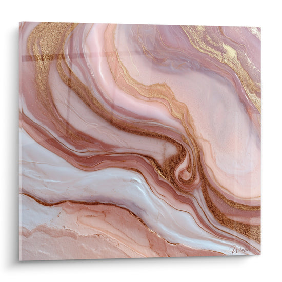 Tableau marbre abstrait rose doré aux ondulations nacrées et veines dorées fluides pour décoration murale élégante