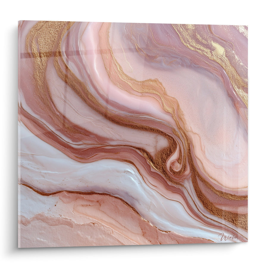 Tableau ondulations nacrées rose doré aux veines dorées fluides - Élégance Minérale - Edition Marbre abstrait