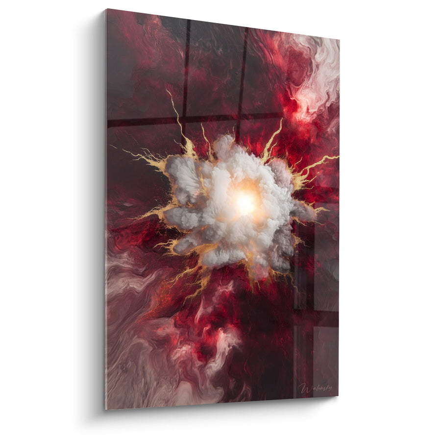 Tableau veines marbrées rouge et blanc avec éclat doré central - Fusion Minérale - Edition Marbre abstrait