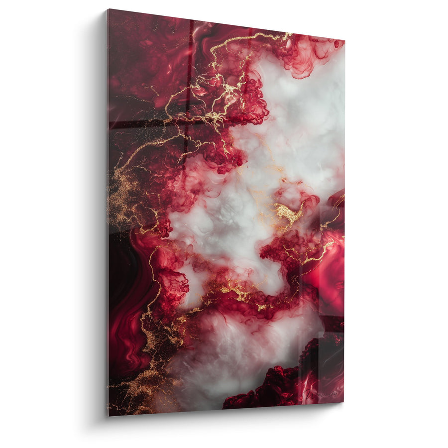 Tableau tourbillons rouge bordeaux et blanc avec veines dorées - Passion Flamboyante - Edition Marbre abstrait