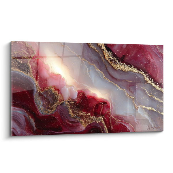 Quadro Marmorizzazioni Rosso Bordeaux e Oro con Vene Dorate Iridescenti - Fusione Celeste - Edizione Marmo astratto