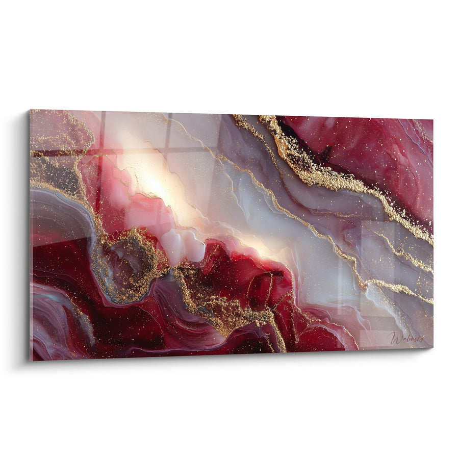 Gemälde mit burgunderroten Marmorierungen und Gold mit funkelnden goldenen Adern - Celestial Fusion - Abstrakte Marmor-Edition